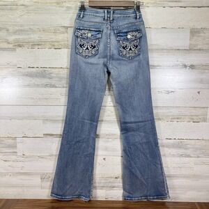ROMWE Womens Blue‎ Light Wash Embroidered Flap Pocket Flare Jeans Size M/6
